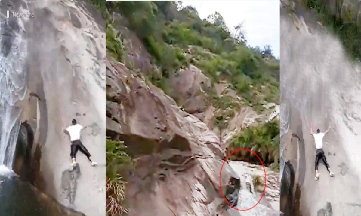  A Man Who Slipped From A High Waterfall Viral Latest , Viral News, Social Media, Water Fall, Susong County, China, Jiujinggou-TeluguStop.com