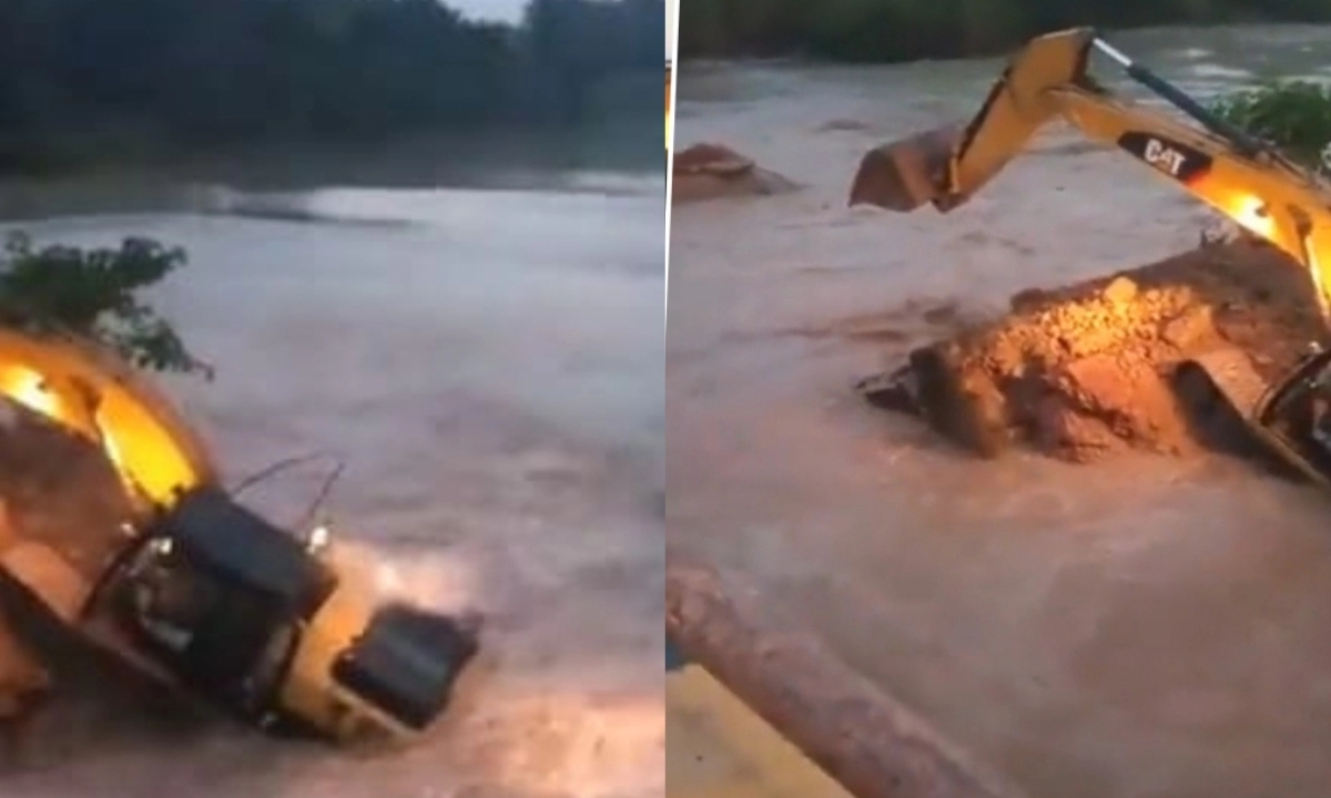  Bulldozer Drowned In River Shocking Video Viral ,viral Video, Bulldozer, Bridge-TeluguStop.com